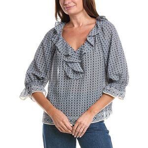 Max Studio Womens  Sleeve Ruffle Front Blouse, Navy